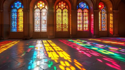 Colorful Stained Glass Windows Casting Vibrant Patterns in Cathedral