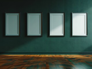 A midnight green wall showcasing four rectangular empty blank picture frames, arranged in a square grid pattern, with a polished wooden floor below. The frames are uniformly spaced.