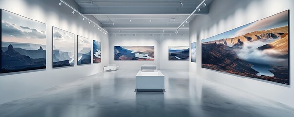 Naklejka premium A minimalist art gallery space displaying a collection of large-format aerial photographs, each capturing dramatic landscapes from above.