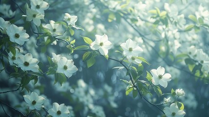 A serene image of a tree branch covered in delicate white blossoms, set against a soft focus background, invoking peace and natural beauty.