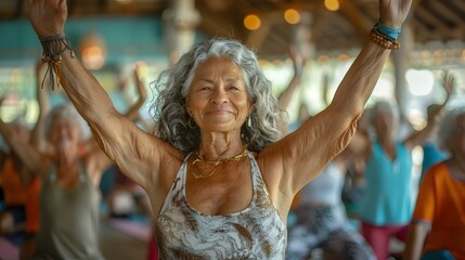Uplifting Yoga Session for Vibrant Elderly Students in Bright Studio