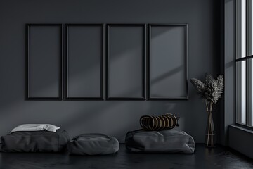 A minimalist bedroom with a dark grey wall, featuring four empty black frames in a circular...