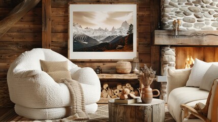 A cozy, rustic living room with a white boucle armchair, a reclaimed wood coffee table, and a mock-up poster frame featuring mountainous landscapes. 
