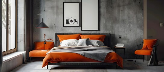 Minimalist bedroom with grey concrete walls, orange accent furniture and black frame wall art above the bed
