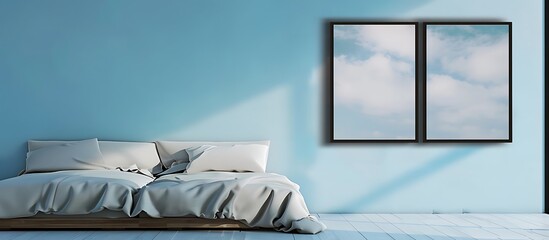 A minimalist bedroom with a sky blue wall, displaying two small empty black frames side by side.