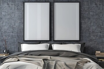 A minimalist bedroom with a slate grey wall, displaying two medium-sized empty black frames vertically aligned.