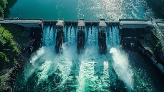 Close-up aerial shot of a hydroelectric dam, powerful water cascade, energy production, dramatic water motion, vibrant surroundings