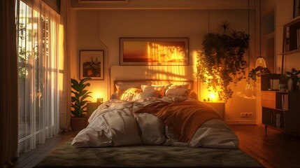 Cozy and Serene Bedroom Oasis with Stylish Decor and Soft Lighting