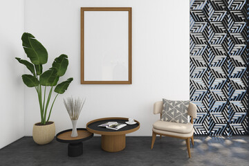 3d render of minimal interior design cnc window with armchair, coffee table, plant and frame mock up. Gray cement floor and white wall. Set 10