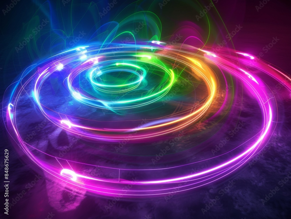 Poster abstract swirling light rings in vibrant colors, creating a mesmerizing visual effect.