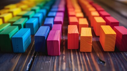 Fototapeta premium Close-up of rainbow-colored dominoes, each meticulously placed, on a rich wooden table, ready for a chain reaction