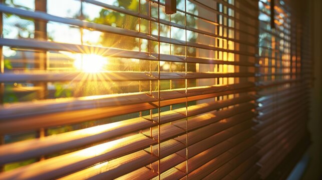 Sunlight filtering through wooden window blinds