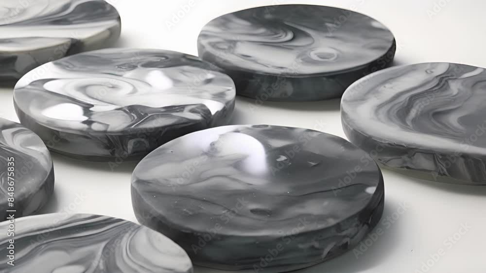 Poster a set of polished ceramic coasters in varying shades of grey each displaying a unique smooth marblel