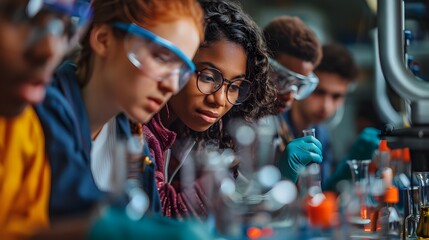 Obraz premium Diverse Group of Students Collaborating on a Science Project in a Bright Laboratory