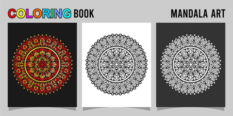 mandala shape coloring book. Isolated on white and black background. accompanied by colored contour.