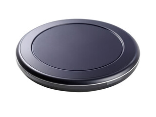Round wireless charging pad in a sleek black design. Ideal for charging various electronic devices. Isolated on transparent background, png.