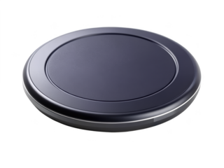 Round wireless charging pad in a sleek black design. Ideal for charging various electronic devices. Isolated on transparent background, png.