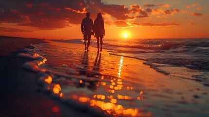 A couple walking on the beach at sunset