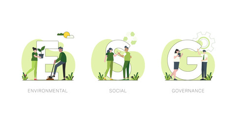 ESG concept. Cartoon Charactors with Sustainable development ecology and environment conservation concept design. Vector illustration.