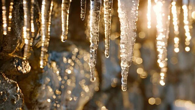 A of icicles hanging from a rooftop their glossy tips glinting in the winter sunlight.
