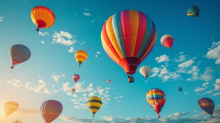 Fototapeta premium Colorful Hot Air Balloons Soaring in a Blue Sky