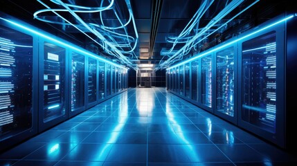 Naklejka premium Photograph of a server room bathed in an ethereal blue light, with data cables snaking across the walls and ceiling like glowing neon serpents