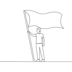 Man holding flag one-line art drawing. Independence Day concept hand-drawn illustration. 