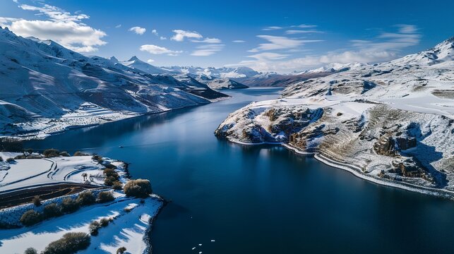 Aerial view of snow-covered mountains and a serene blue lake in Valle Chile. Winter landscape with snowcapped peaks and panoramic view. Captivating aerial drone photo showcasing the beauty of nature i