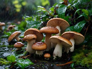 A detailed close-up of a wild mushroom thriving on a moist forest floor during the rainy season