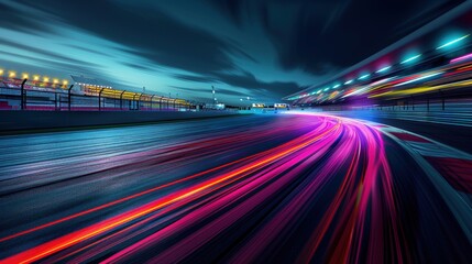 Vibrant lights on a night race track, highlighting the speed and excitement of the race, dynamic and thrilling scene