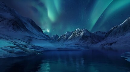 Fototapeta premium Nighttime view of aurora borealis over snowy mountains and a lake.