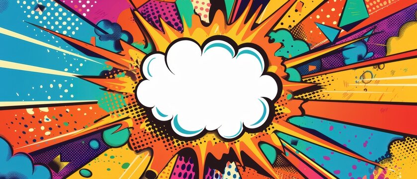 Retro comic book explosion with a central speech bubble, vibrant and dynamic design, pop art style, bold and colorful visual