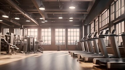 Modern Gym Interior With Treadmills and Windows Generative AI