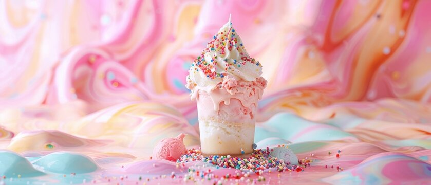 Lavish ice cream sundae overflowing with toppings, set against a whimsical pastel background, capturing the joy of indulgent treats