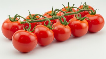 Juicy vine tomatoes with rich red hue, against a plain white backdrop, expertly lit to emphasize freshness, sharp focus on details
