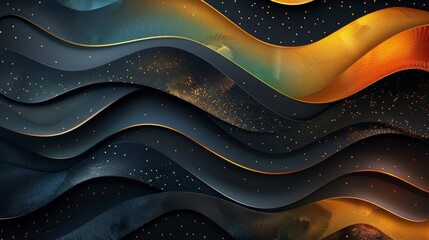 Luxurious dark abstract design featuring gold and black, geometric waves, and blue gradients with accents of orange, green, red, and blue