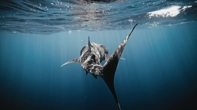 Tail fin of whale shark sways back and forth with light rays passing over body