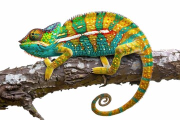 Naklejka premium Chameleon sitting on top of branch with white background in nature beauty wildlife animal jungle habitat