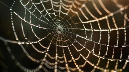 Fototapeta premium Macro photograph of a spider web, showcasing the intricate interconnectedness of gluon wind, with delicate, overlapping threads illuminated by morning dew