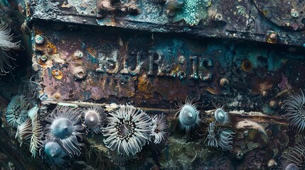 Detailed view of a ship's nameplate, eroded and overgrown with sea anemones, mystery in the deep. 