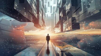 Businessman entering a futuristic landscape, representing the leap into Web30, metaverse, and next-gen internet, modern and visionary