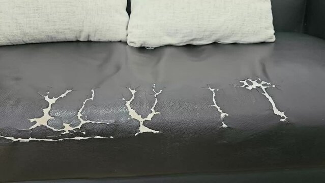 well worn black leather sofa with visible cracks and peeling, two grey cushions rest on the sofa