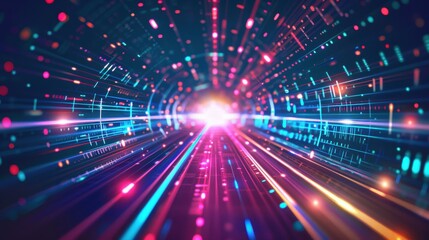 Obraz premium Abstract digital highway with vibrant colors, highspeed data visualization, futuristic tech tunnel, lightspeed effect, high-tech theme