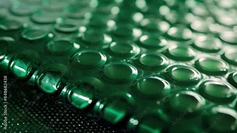 Poster an angled closeup of an emerald green vinyl revealing a glossy sheen and a soft raised circular patt