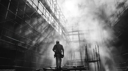 Construction Worker in a Foggy Construction Site