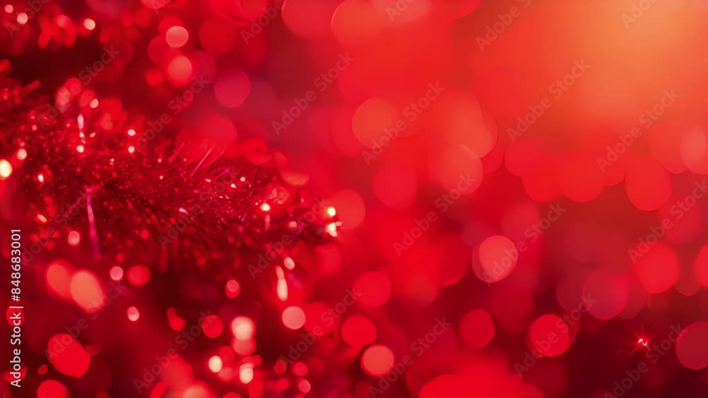 Poster a closeup of red tinsel glimmering with tiny flecks of glitter that catch the eye.