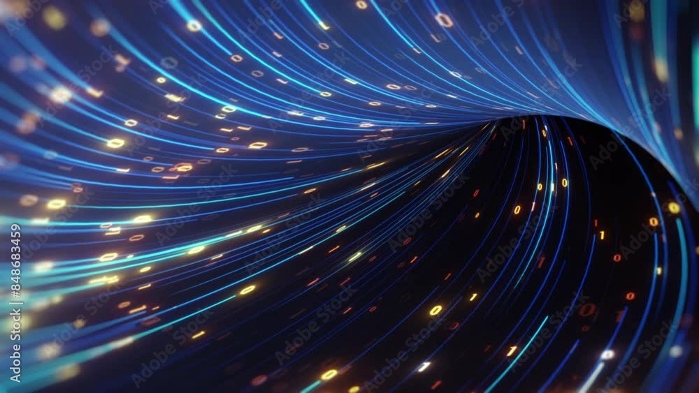 Poster big data concept. abstract dark blue orange fast moving binary computer data. high speed motion, art
