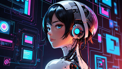 Stylized cyberpunk women character with short hair, wearing advanced technological headgear, set against a background of neon blue and pink circuitry