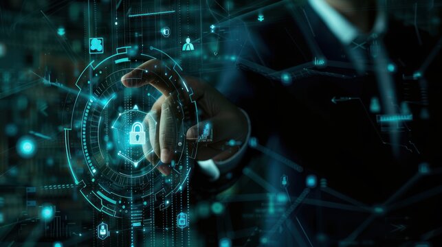 Businessman with virtual cyber security technology and online data protection for security of data storage used by global business network server to secure cyber information ,AI generated image