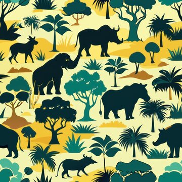 Seamless pattern of elusive jungle cats like ocelots, margays, and clouded leopards, camouflaged among dense foliage and dappled sunlight, Generative AI